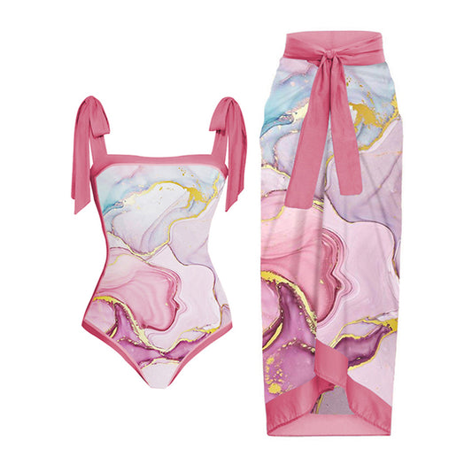 Mild Pink| Pink Printed One Piece Swimsuit Set